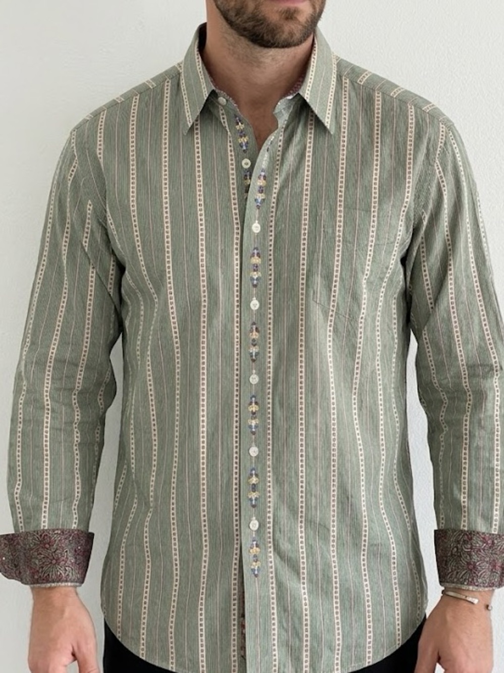 Robert Graham Green Striped Floral Embroidered Long Sleeve Button Down 2XL